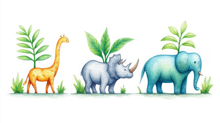Watercolor Safari Animals Illustration - Adorable watercolor painting of a giraffe, rhinoceros, and elephant amidst lush greenery. Symbolizing childhood, nature, wildlife, friendship, and adventure