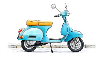 Watercolor Scooter : A Seaside Escape - Summer, freedom, journey, vintage, Italian. A light blue scooter parked by the curb