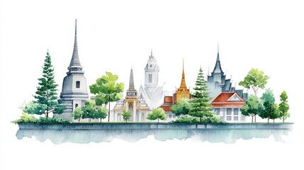 Naklejka premium Watercolor Skyline of Temples and Trees - Serene watercolor painting of a picturesque temple skyline, showcasing architectural details and lush green trees. Ideal for travel, culture