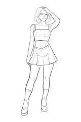 Young woman in a white sleeveless top and blue denim mini skirt leaning casually on a table, hand in hair. Isolated vector illustration for modern fashion.