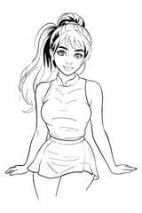 Young woman with a ponytail, smiling and posing in a sleeveless top and mini skirt. Cute and fashionable black and white vector illustration.