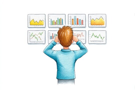 Watercolor Study : Analyzing Data Charts - A watercolor illustration depicting a person overwhelmed by a wall of data charts, symbolizing information overload, analysis paralysis, decision-making