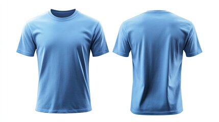 Blank light blue T-shirt front and back view mockup template isolated on a white background.