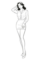 Young woman with short dark hair standing and posing with a hand on her head in a white long-sleeve shirt and mini skirt. Modern and stylish medium shot vector illustration.