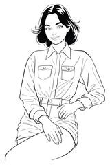 Young woman with short dark hair sitting and posing in a white long-sleeve button-down shirt, denim shorts, and a belt. Modern and stylish medium shot vector illustration.