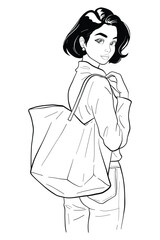 Young woman with dark hair in a ponytail carrying a large tote bag, looking away in a casual long-sleeve turtleneck and pants. Modern and stylish medium shot vector illustration for shopping.