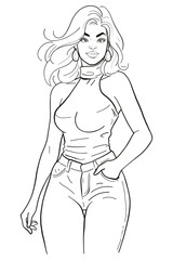Young woman with long wavy hair in a white sleeveless turtleneck top and blue jeans, casually posing with one hand in her pocket, looking to the side. Modern and chic half-body vector illustration.