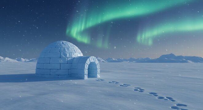 Arctic igloo under aurora borealis winter night landscape