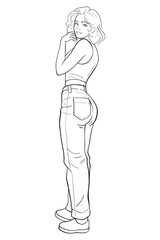 Young woman with short brunette hair in a white sleeveless tank top and blue denim jeans standing casually, looking over her shoulder with a thoughtful expression. Modern and stylish full body.