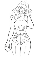 Young woman in a white sleeveless crop top and blue denim jeans walking and holding a phone, with a relaxed pose. Modern and stylish full body vector illustration.