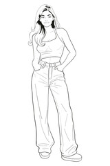 Young woman in a white tank top and blue denim jeans casually posing with hands in pockets. Modern and stylish full body vector illustration.