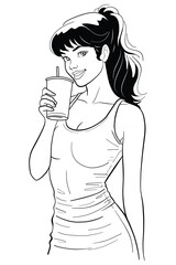 Young woman in a tank top drinking from a cup with a straw, smiling happily. Black and white vector illustration for lifestyle and refreshment themes.