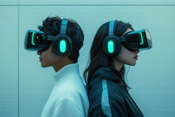 Two individuals immersed in a virtual reality experience, wearing sleek headsets with glowing accents.