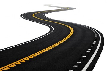 A smooth meandering road with dashed yellow lines, bordered by white edges and a contrasting black surface, evoking motion. Isolated on a white  background