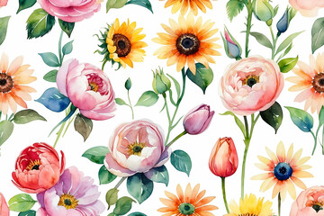 Watercolor floral pattern with roses sunflowers and tulips on white background