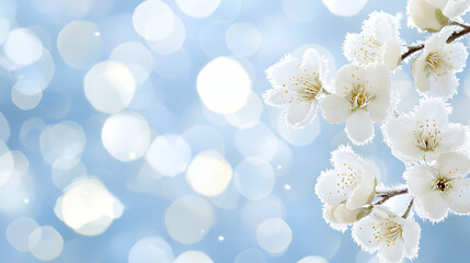 Delicate White Blossoms Against Light Blue Bokeh Background
