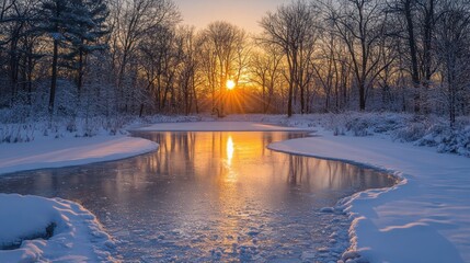 Winter's embrace: A frozen pond reflects the radiant glow of the setting sun