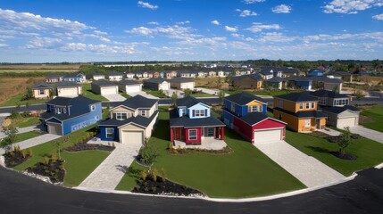 Vibrant suburban neighborhood showcasing modern homes with colorful facades and green spaces under a bright blue summer sky landscape