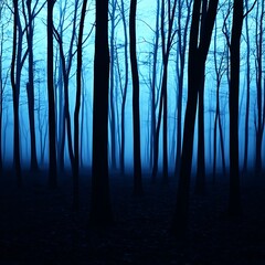 Fototapeta premium Mysterious Blue Forest Dark Silhouetted Trees in a Foggy Winter Landscape