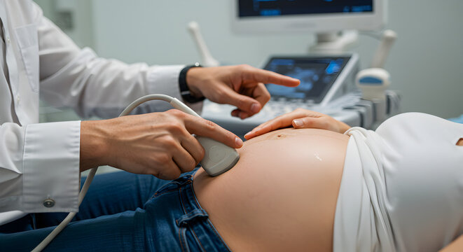 Close Up of Pregnant Woman Getting an Ultrasound from Doctor in Clinic Setting with Machine Monitor - Powered by Adobe