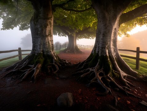 Majestic ancient trees stand tall their exposed roots reaching out a misty morning path winds between them