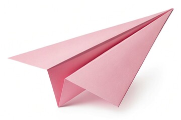 A sharply folded, pastel pink paper airplane with crisp edges, floating in mid-air, symbolizing childhood dreams, simplicity, and lighthearted playfulness, isolated on a white background