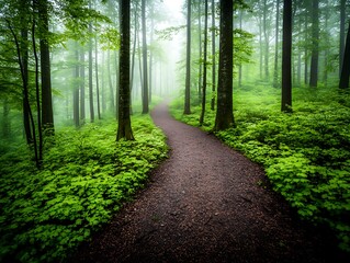 Obraz premium Serene Forest Path Misty Morning Walk Through Lush Green Trees