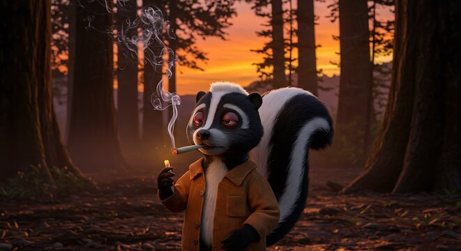 Cartoon skunk smoking cigar at sunset in forest