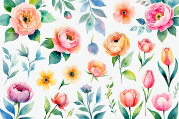 Watercolor flower set pink peach yellow floral decoration design for wedding invitation