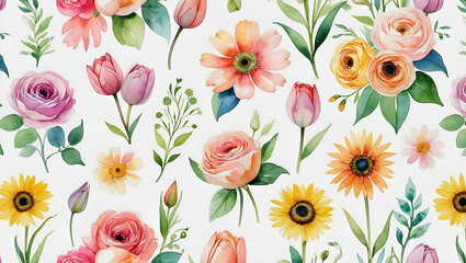 Watercolor flower seamless pattern with roses tulips sunflowers and daisies on white