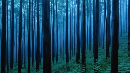 Serene Blue Mist Forest Tall Eucalyptus Trees and Lush Ferns