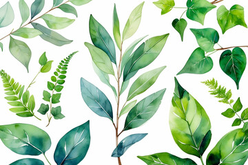 Watercolor green leaves assortment isolated on white background botanical illustration