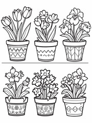 Spring colorful flowers in pots line art style.eps
