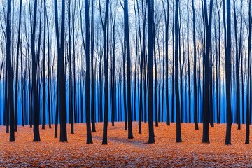 Serene Autumn Forest Scene Blue Tinted Trees and Orange Leaves A Picturesque Nature Landscape