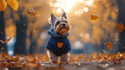 Autumnal pup, posed amidst falling foliage.