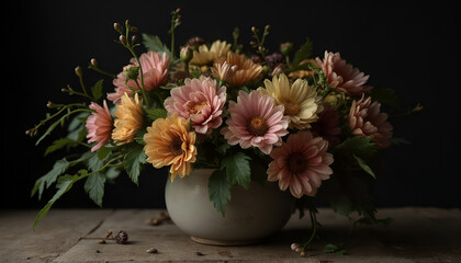 Colorful floral arrangement in a decorative pink and white flowers showcasing beauty and elegance