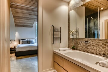 Fototapeta premium Modern Bathroom Interior with Bedroom View in Elegant and Contemporary Design