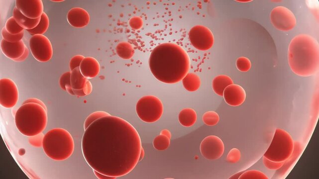 A realistic 3D animated video showing red blood cells flowing through capillaries, delivering oxygen to body tissues. The animation zooms into the cells, revealing hemoglobin molecules binding and rel
