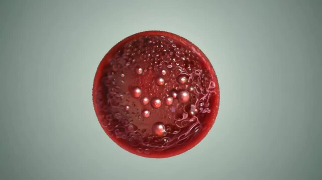 A realistic 3D animated video showing red blood cells flowing through capillaries, delivering oxygen to body tissues. The animation zooms into the cells, revealing hemoglobin molecules binding and rel