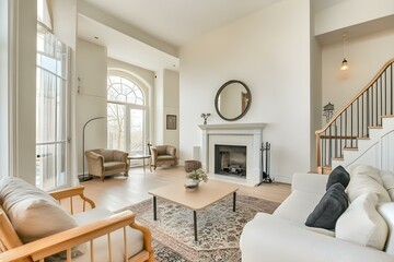 Fototapeta premium Living Room with Furniture and White Walls in Cozy and Elegant Interior Design