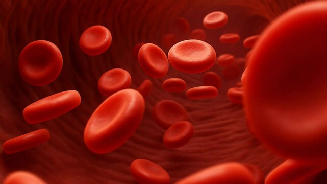 A realistic 3D animated video showing red blood cells flowing through capillaries, delivering oxygen to body tissues. The animation zooms into the cells, revealing hemoglobin molecules binding and rel