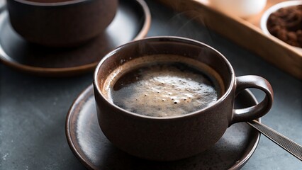 Coffee cup and saucer with subtle reflections in moody cafe lighting