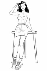 Young woman in a white sleeveless top and blue denim mini skirt leaning casually on a table, hand in hair. Isolated vector illustration for modern fashion.