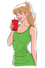 Cartoon woman in green dress holding a red cup with straw, smiling confidently in comic style. Stylish, pretty, and cheerful illustration of a modern girl.