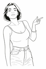 Young woman with short dark hair pointing to the side while wearing a white sleeveless tank top, denim shorts, and a belt. Modern and stylish medium shot vector illustration.