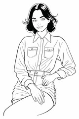 Young woman with short dark hair sitting and posing in a white long-sleeve button-down shirt, denim shorts, and a belt. Modern and stylish medium shot vector illustration.