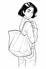 Young woman with dark hair in a ponytail carrying a large tote bag, looking away in a casual long-sleeve turtleneck and pants. Modern and stylish medium shot vector illustration for shopping.
