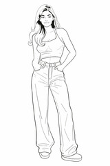 Young woman in a white tank top and blue denim jeans casually posing with hands in pockets. Modern and stylish full body vector illustration.