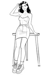 Young woman in a white sleeveless top and blue denim mini skirt leaning casually on a table, hand in hair. Isolated vector illustration for modern fashion.