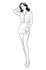 Young woman with short dark hair standing and posing with a hand on her head in a white long-sleeve shirt and mini skirt. Modern and stylish medium shot vector illustration.